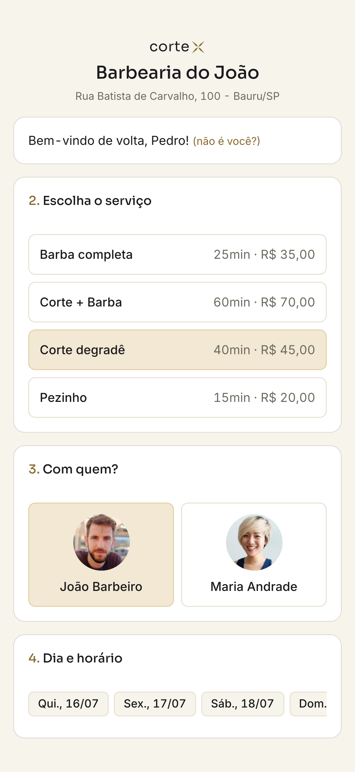 Link público de agendamento no celular: cliente escolhe serviço, profissional por foto e horário
